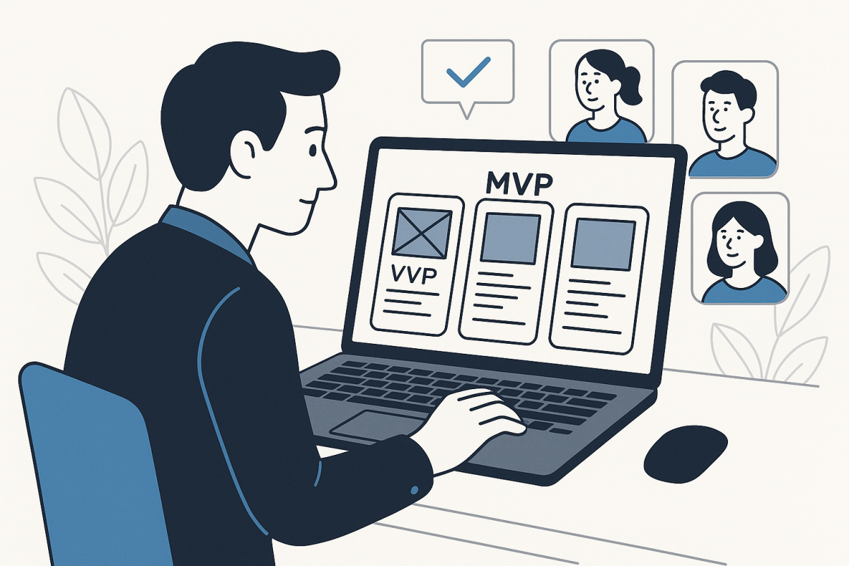 Founder reviewing MVP wireframes with remote development team on laptop