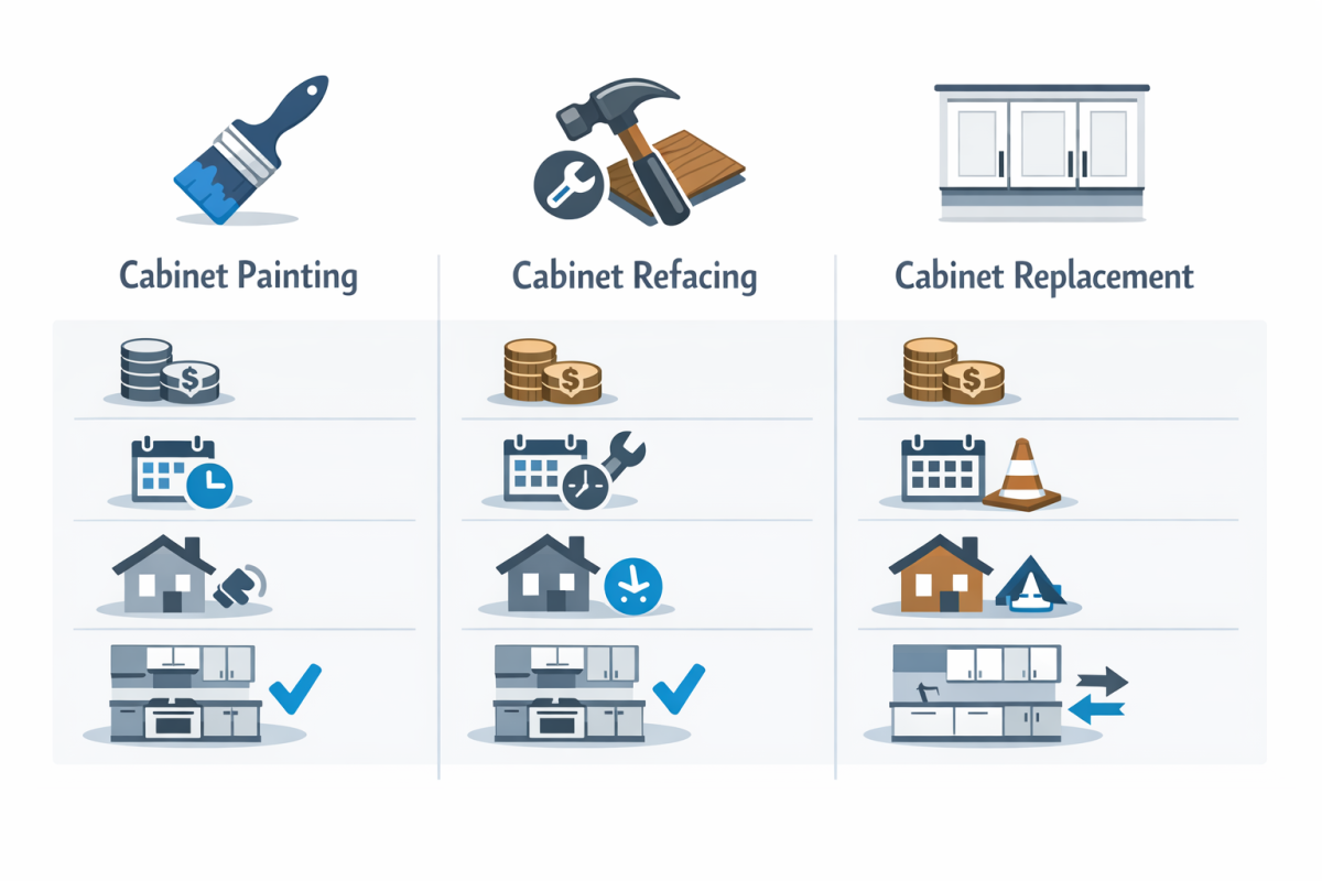 Infographic: Comparison chart of "Cabinet Painting vs Refacing vs Replacement" showing cost, timeline, disruption level, and impact on layout