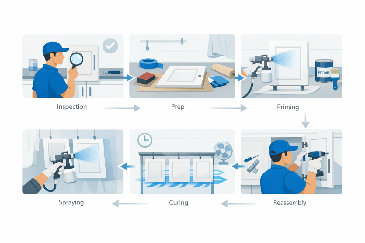 Infographic: Step by step process diagram of professional cabinet painting: inspection, prep, priming, spraying, curing, reassembly
