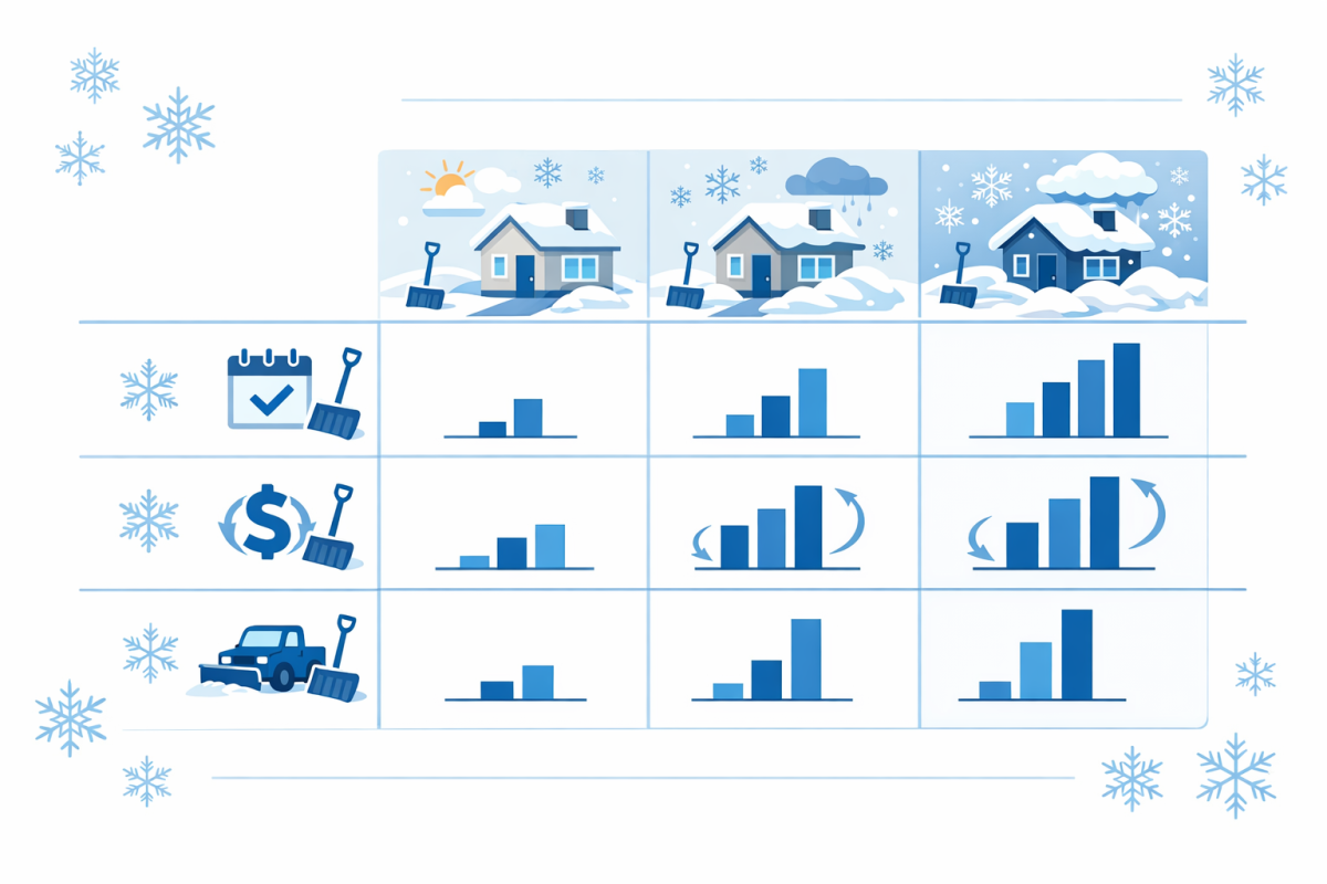 Infographic: Comparison chart showing three different pricing models for a sample property across light, average, and heavy winters, highlighting how total cost changes