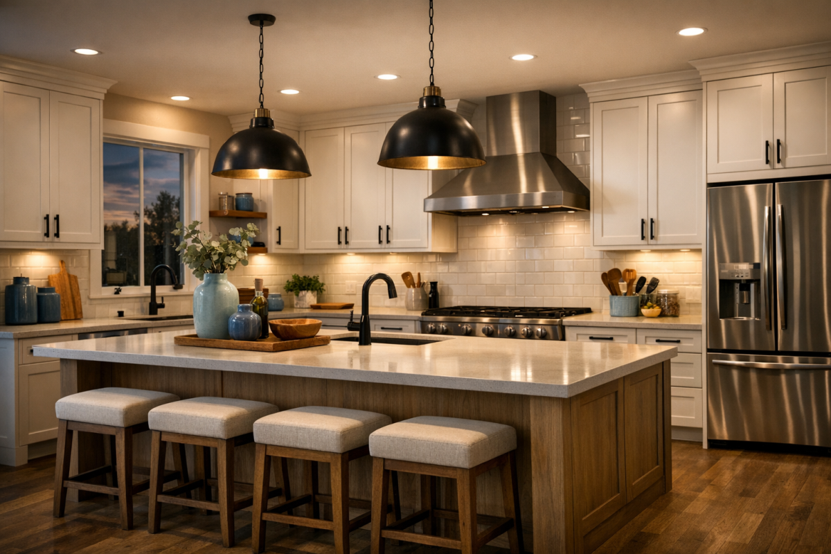 Cinematic wide shot of a staged Denver kitchen flip with refaced shaker cabinets, matte black hardware, and updated lighting
