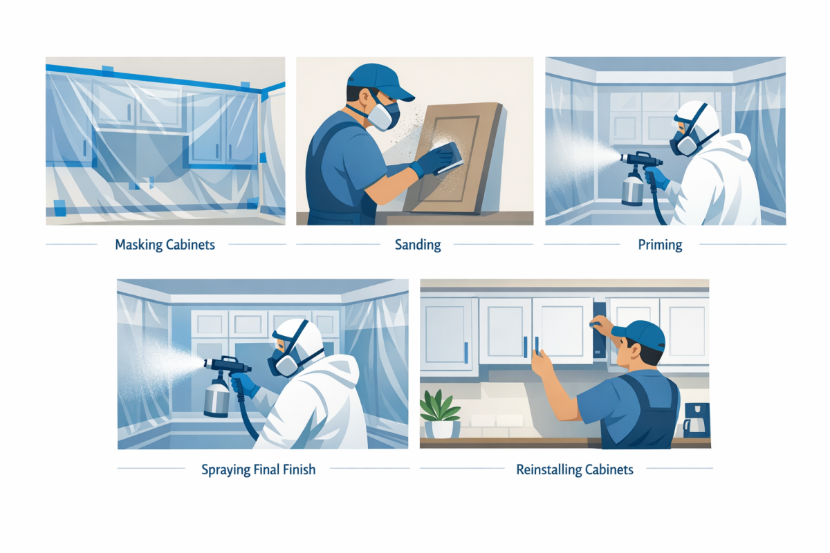 Infographic: Step-by-step process diagram from initial protection through final reinstallation, showing each major stage of professional spray finish cabinet painting