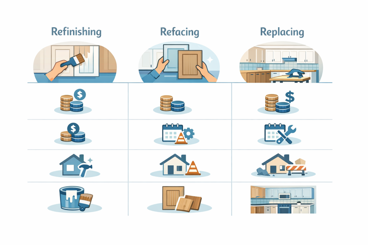 Infographic: Comparison chart of refinishing vs refacing vs replacing, showing cost range, timeline, disruption level, and ideal use case
