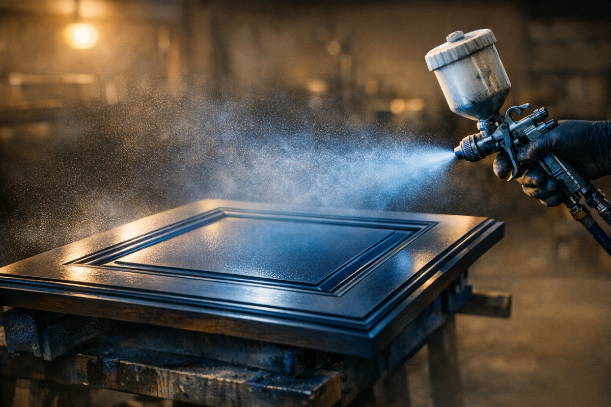 Close up of a cabinet door being spray finished in a controlled shop environment, fine mist in the air, crisp detail on smooth surface