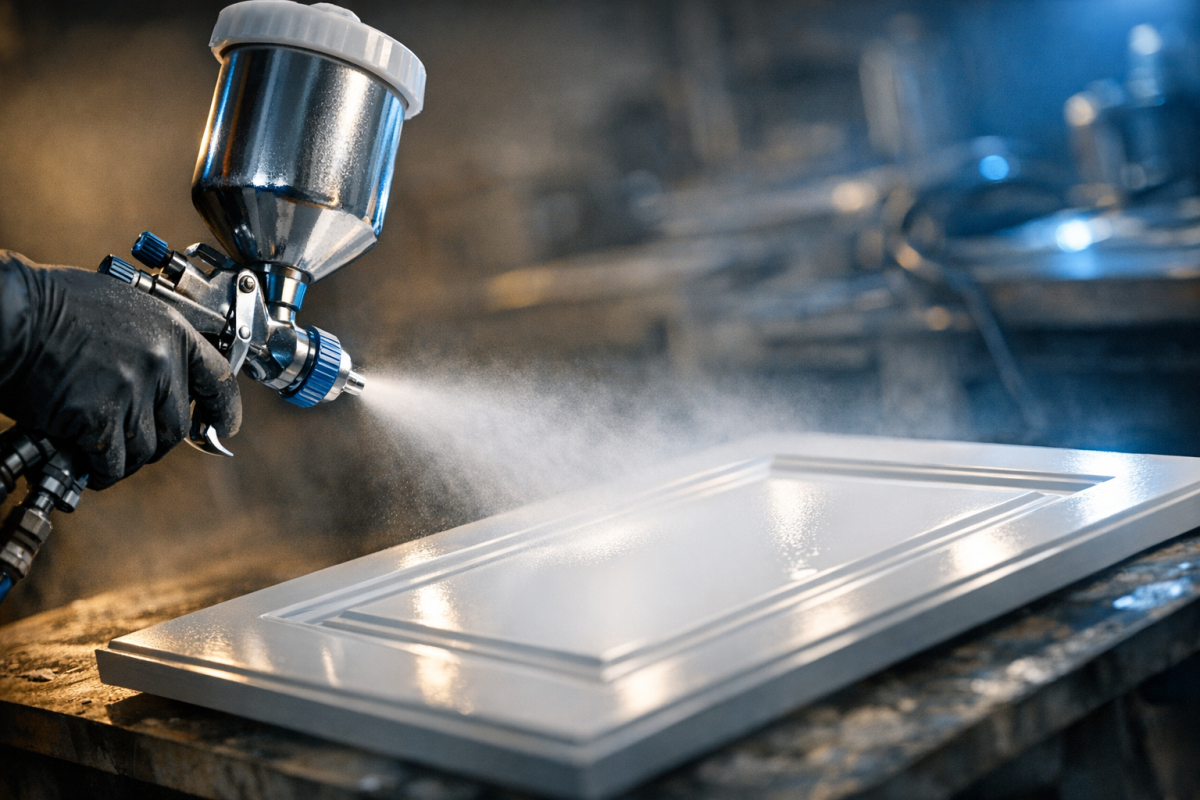 Cinematic close-up of a spray gun applying a smooth white factory finish to a cabinet door in a professional shop