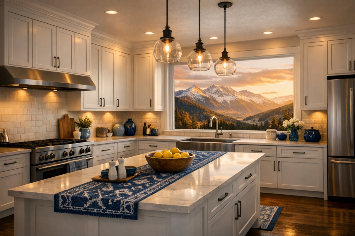 Wide shot of a completed modern Colorado kitchen with freshly painted white shaker cabinets, mountain views through windows