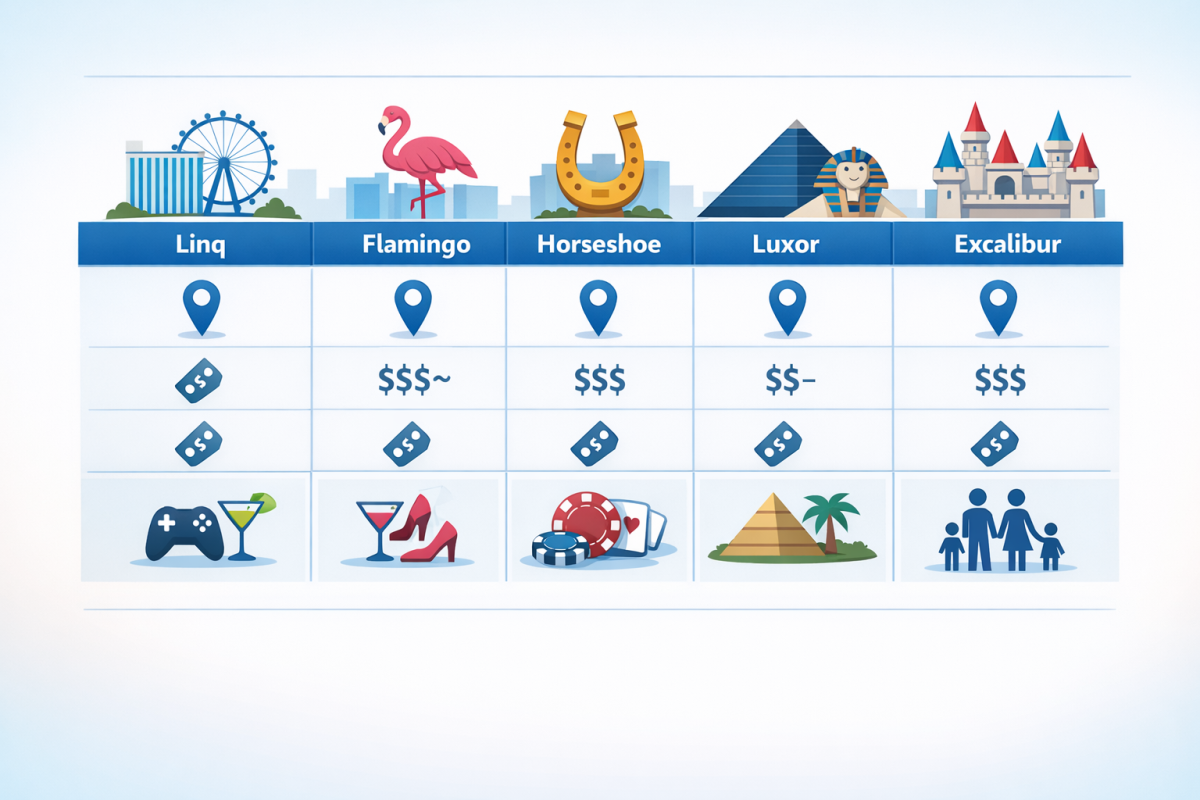 Infographic: Comparison chart showing location on Strip (north/center/south), typical price range, and "best for" uses for Linq, Flamingo, Horseshoe, Luxor, and Excalibur