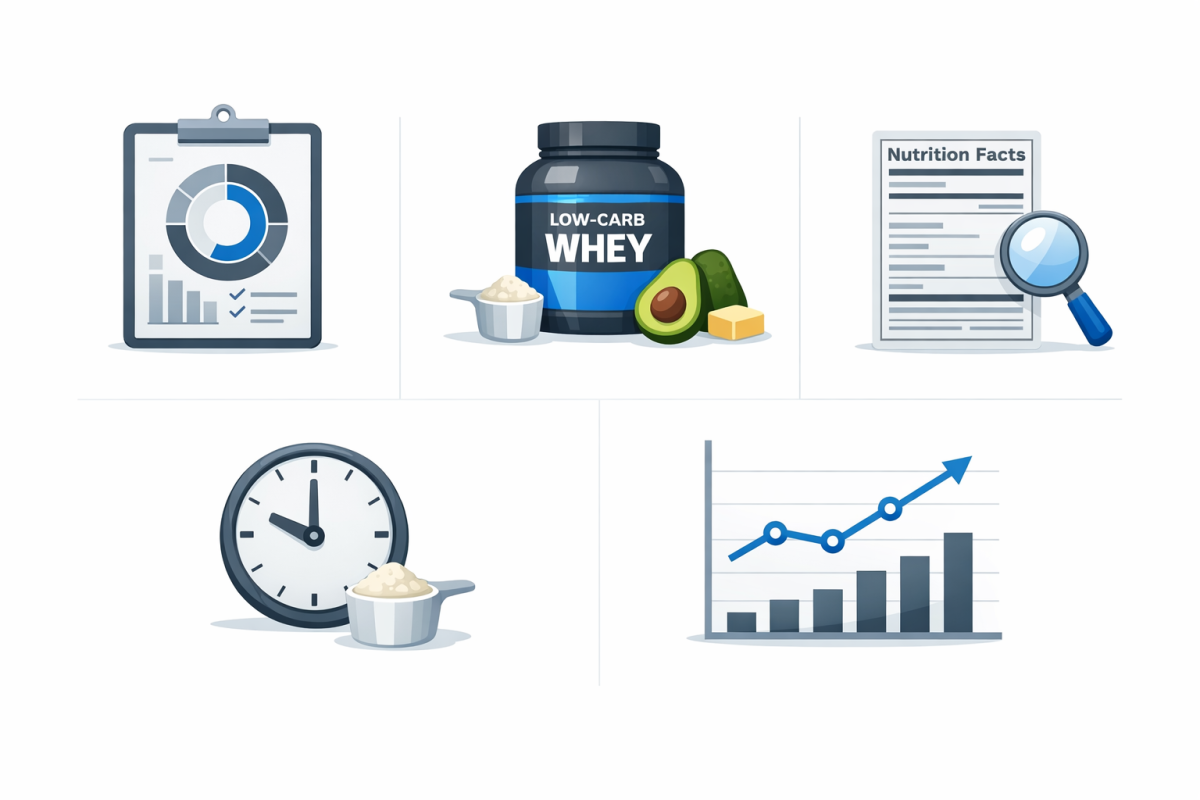Infographic: Step-by-step process diagram showing “Plan protein target → Choose low-carb whey → Check label carbs → Schedule 1–2 servings per day → Track response and adjust.”