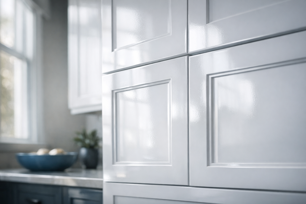 Close-up of freshly sprayed white shaker kitchen cabinets with smooth, glossy finish in a modern Denver home