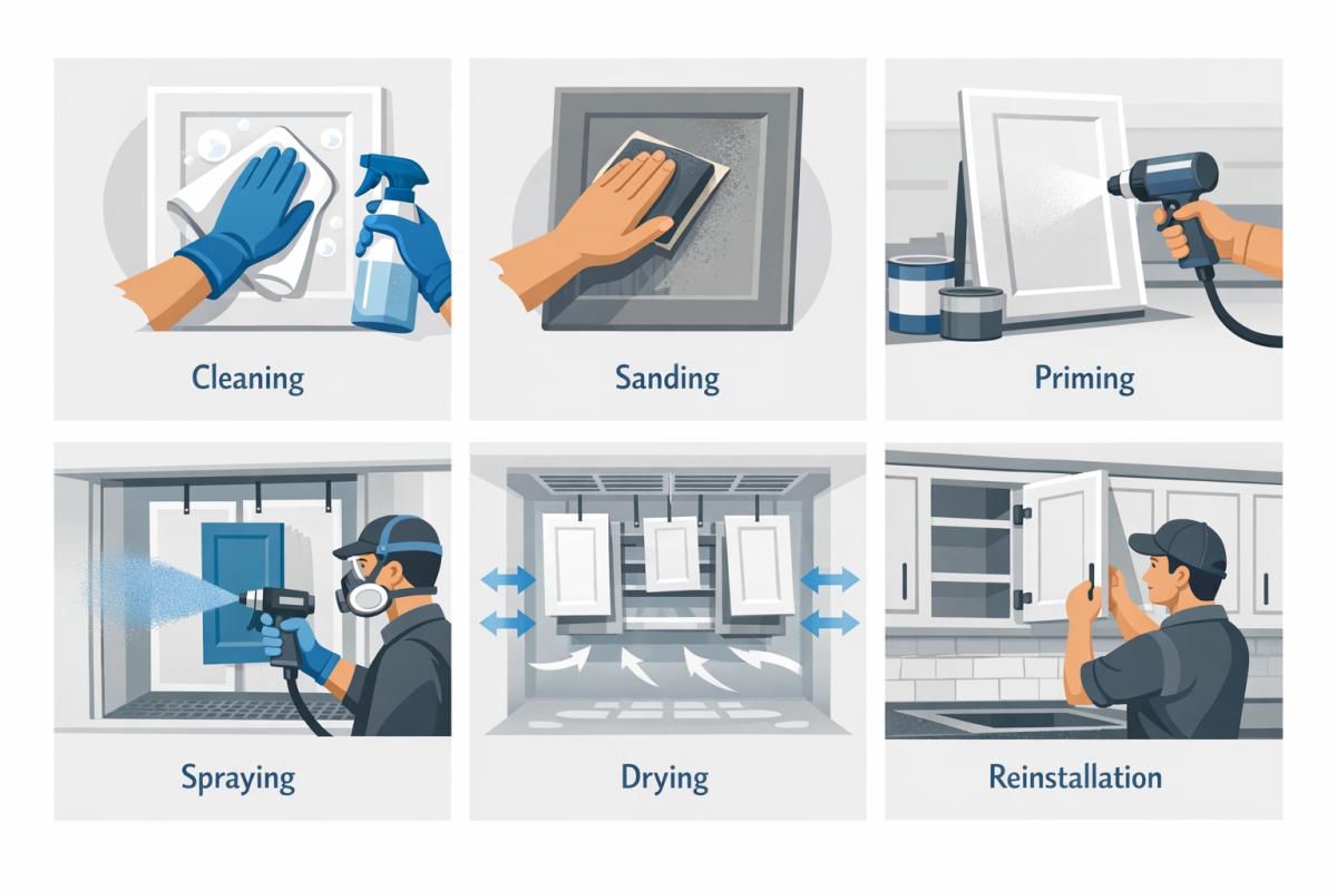 Infographic: Step by step process diagram showing cleaning, sanding, priming, spraying, drying, reinstallation