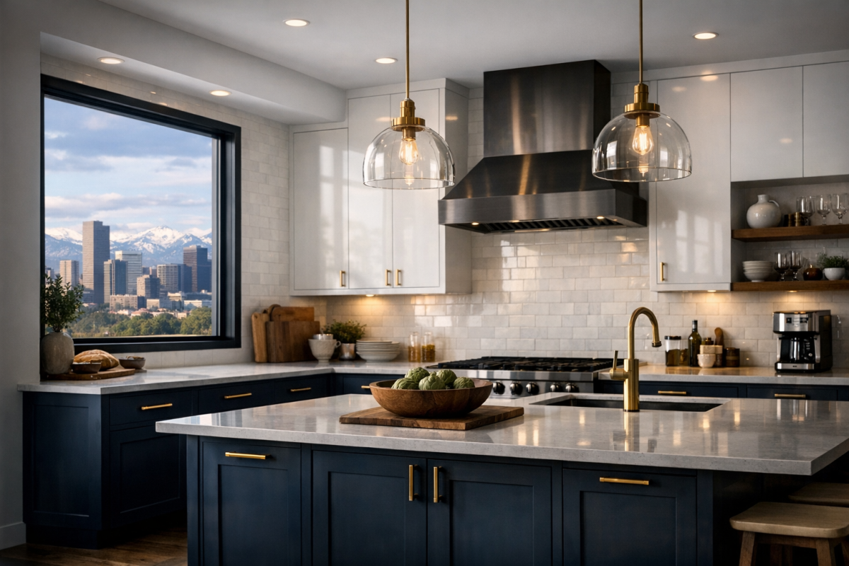Cinematic wide shot of a modern Denver kitchen with two-tone cabinets, matte brass hardware, and a smooth sprayed factory-style finish