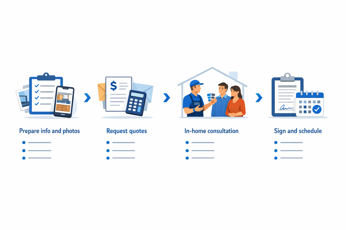 Infographic: Description of what the infographic should show - "Step-by-step process diagram showing the 4 key booking steps: Prepare info and photos, request quotes, in-home consultation, sign and schedule. Each step with 1-2 bullet details and a simple timeline."