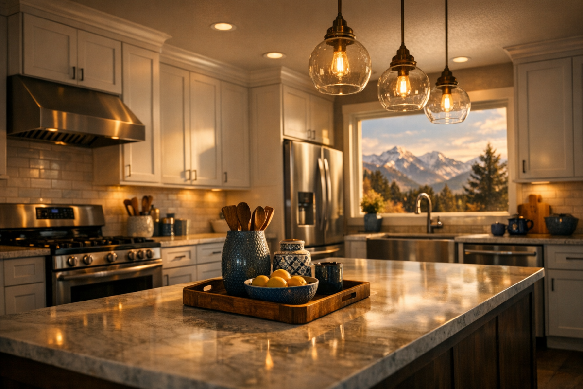 After shot of a Denver kitchen with freshly painted white cabinets, stainless appliances, and mountain light through window