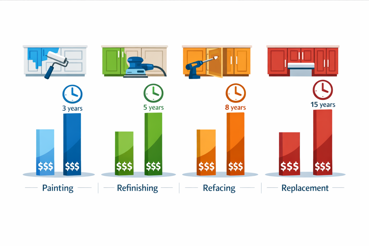 Infographic: Side-by-side comparison showing cost vs. lifespan for cabinet painting, refinishing, refacing, and replacement, with bars indicating approximate dollars and years of durability