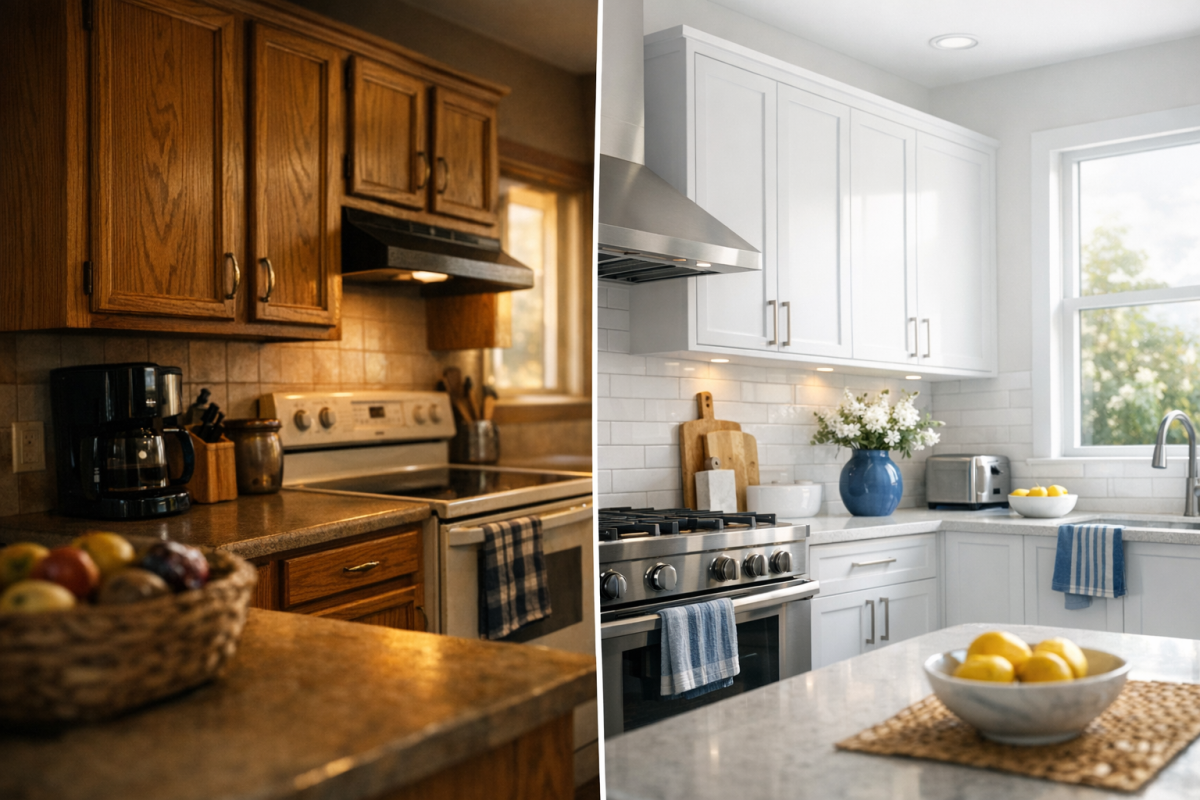 Before-and-after split image of the same Boulder kitchen, left side with dated oak cabinets, right side with sleek eco friendly white refinished cabinets
