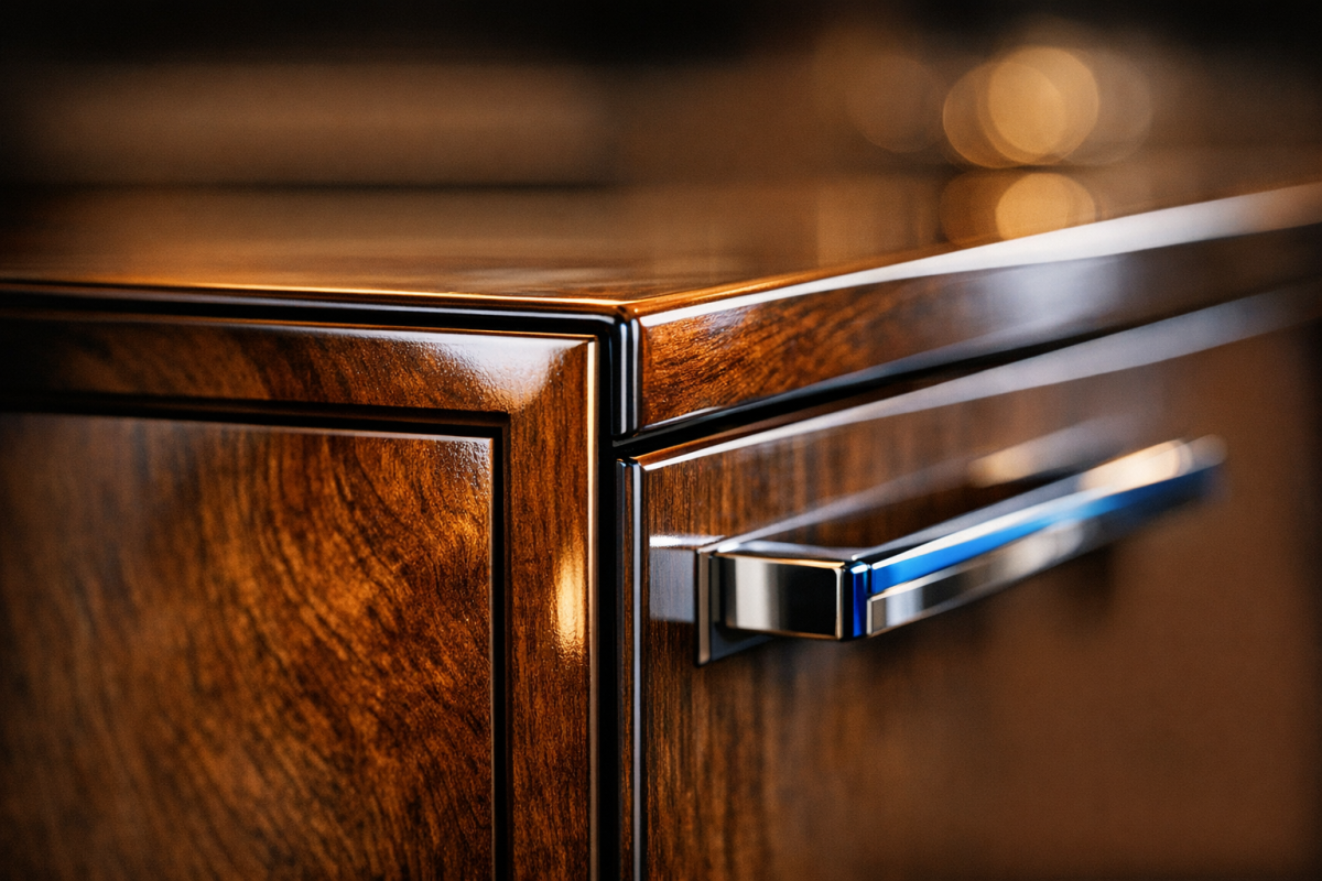 Close-up cinematic shot of a refinished cabinet door edge and hardware showing smooth finish and tight alignment