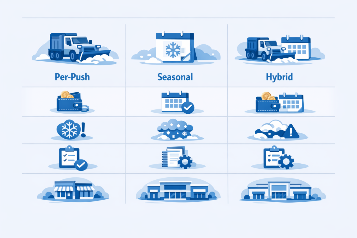 Infographic: Comparison chart showing three pricing models (per‑push, seasonal, hybrid) across factors like budget predictability, risk in heavy winters, administrative complexity, and suitability for different strip mall profiles