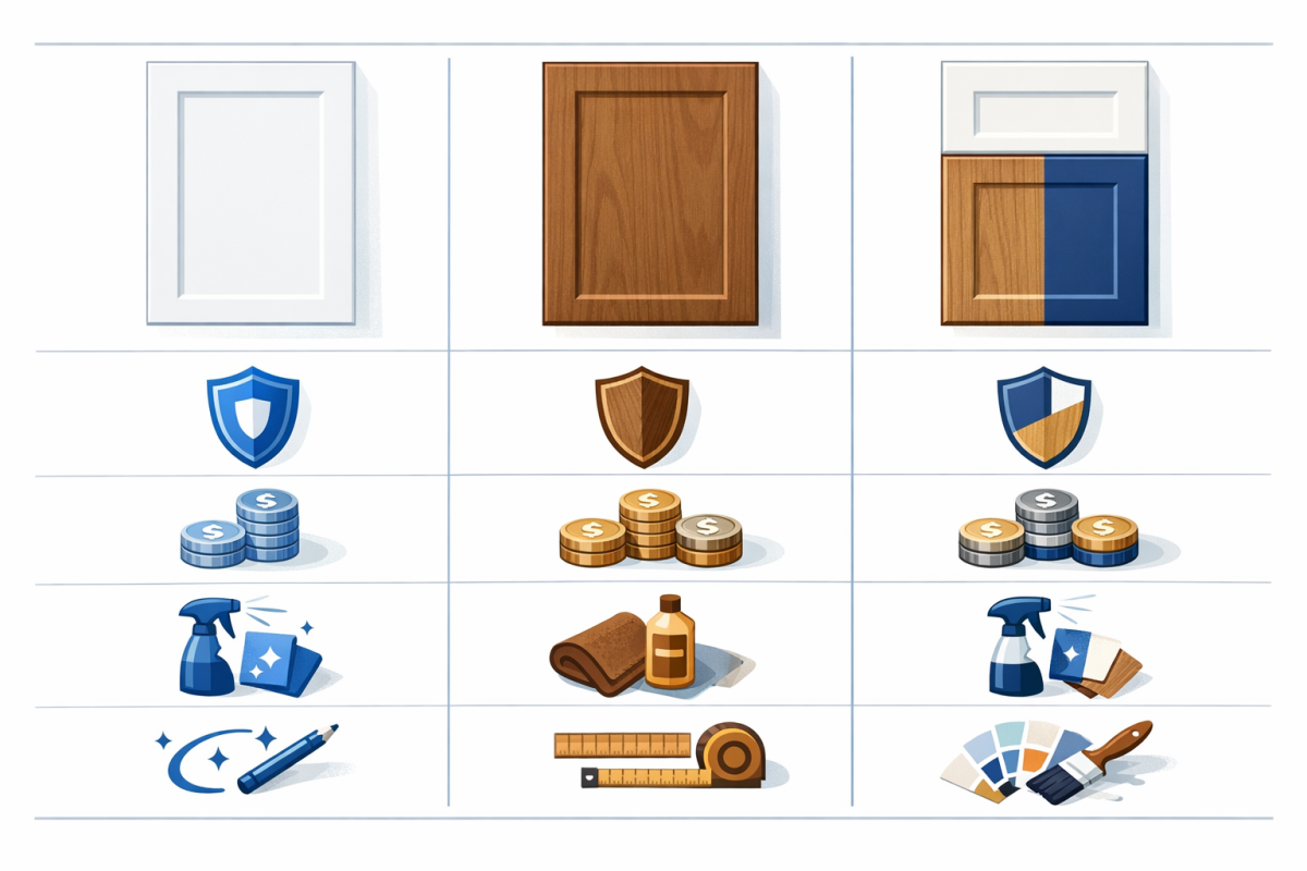 Infographic: Comparison chart of "Painted vs Stained vs Two-Tone Cabinet Finishes" highlighting durability, cost range, maintenance, and design flexibility