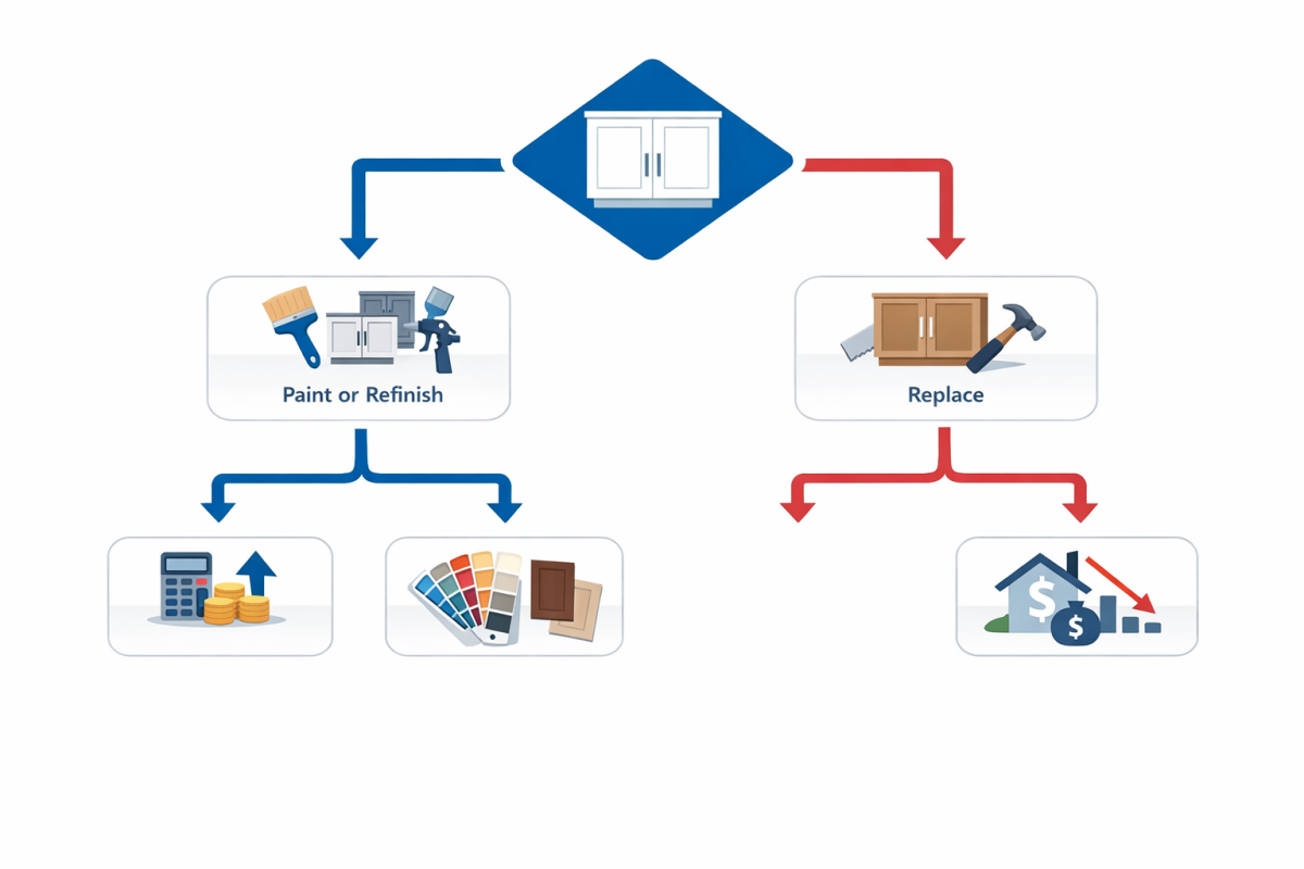 Infographic: Flowchart showing decision path “Are cabinets structurally sound?” → “Yes: Paint or refinish” / “No: Replace,” with side branches for ROI calculations and color/finish selection for different property classes