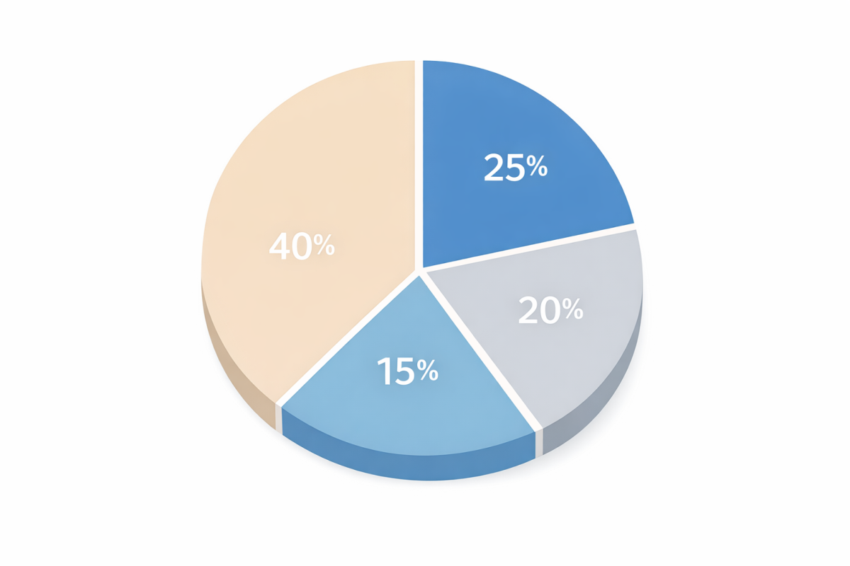 Illustration of a cost breakdown pie chart for a typical Denver cabinet painting project, showing percentages for labor, materials, prep, and finishing