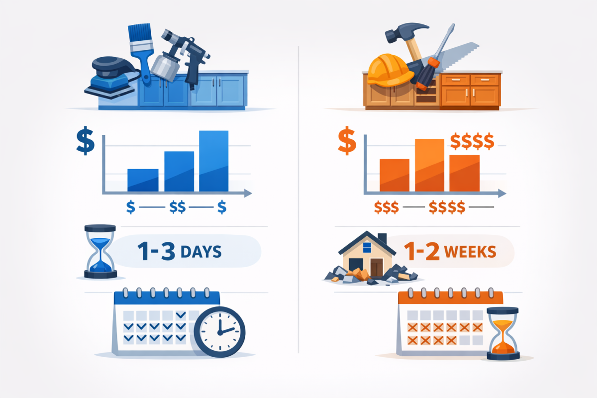 Infographic: Cost and value comparison of cabinet refinishing vs cabinet replacement, showing upfront cost ranges, typical timelines, and impact on resale or rental value