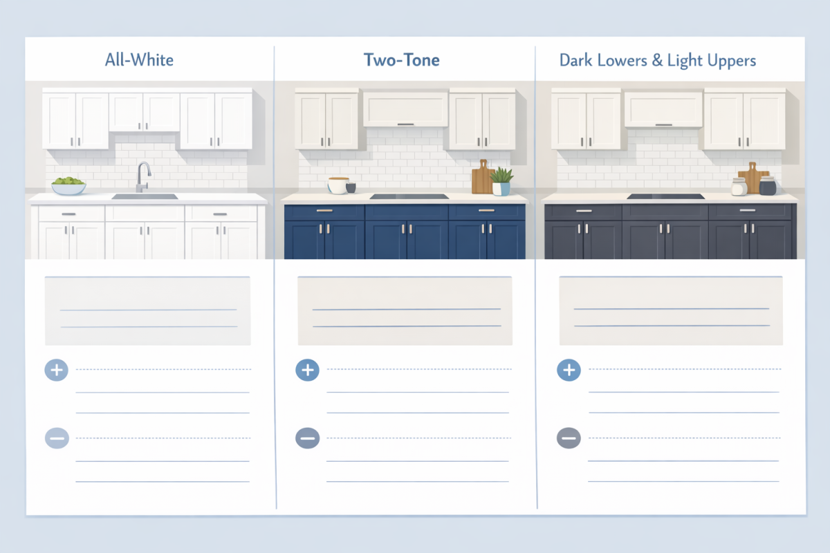 Infographic: Side‑by‑side comparison chart showing three cabinet color schemes (all‑white, two‑tone, dark lowers/light uppers) with notes on best uses, pros, and cons for resale, rentals, and custom homes.
