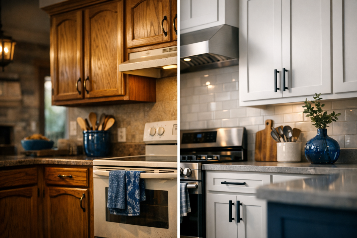 Before‑and‑after cinematic split image of the same Colorado kitchen: left side dated oak cabinets, right side sleek painted white cabinets with new hardware