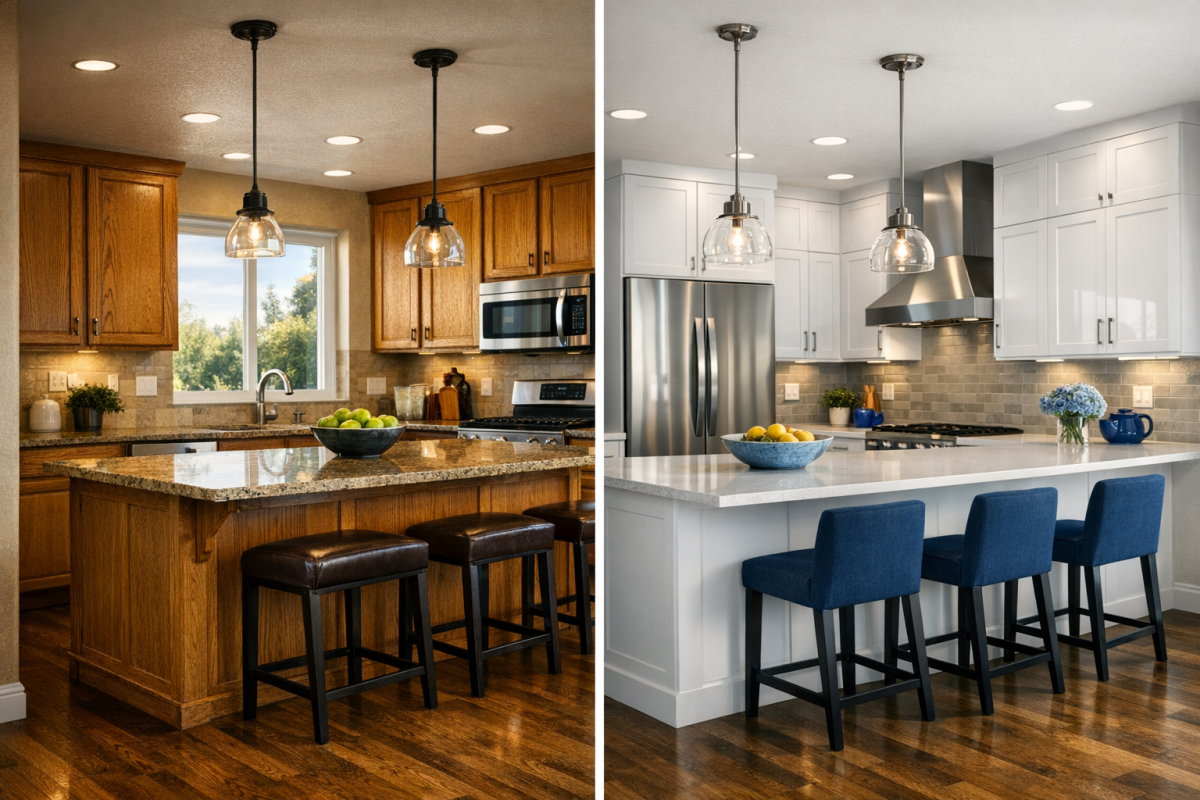 Wide shot of a Denver kitchen before-and-after cabinet painting, highlighting smooth factory finish results