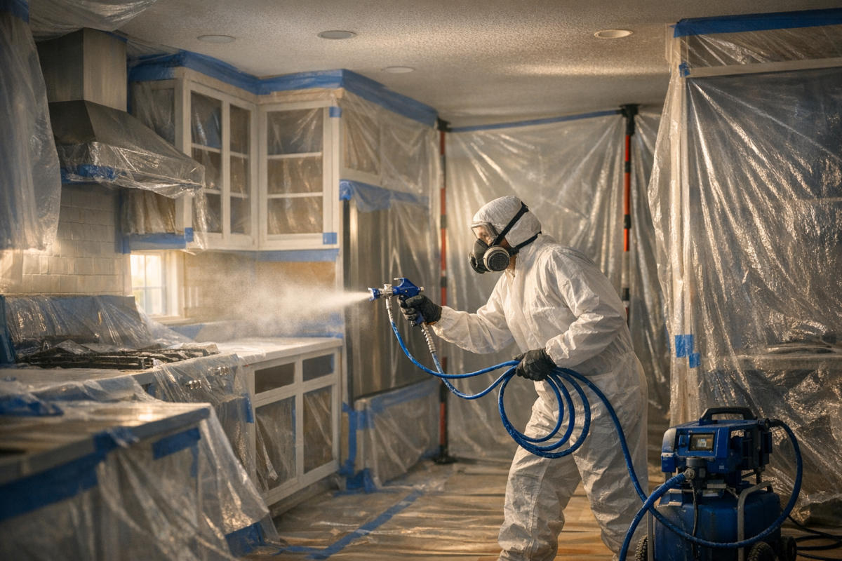 Wide shot of a Denver kitchen mid-project, with masked surfaces, zip walls, and a pro spraying cabinet frames
