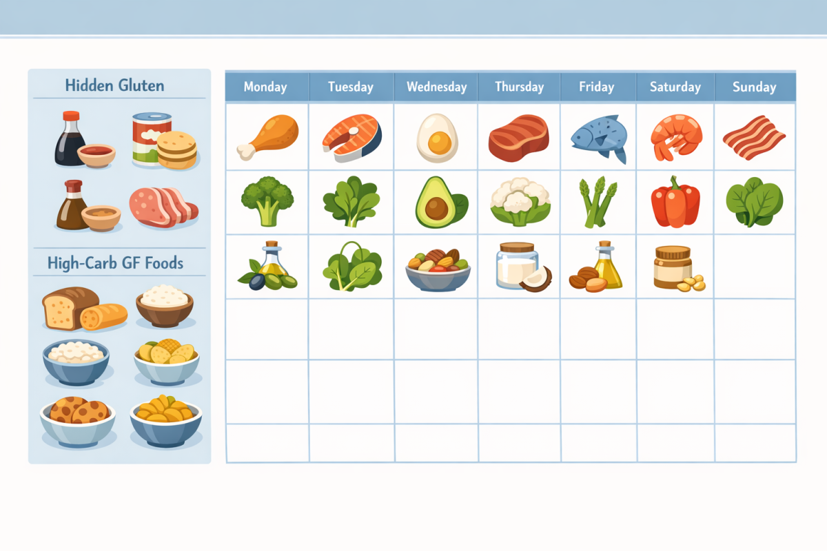 Infographic: Weekly planner showing a 7-day grid with icons for protein, veg, and fats in each meal, plus a sidebar with “Hidden Gluten” and “High-Carb GF Foods” lists