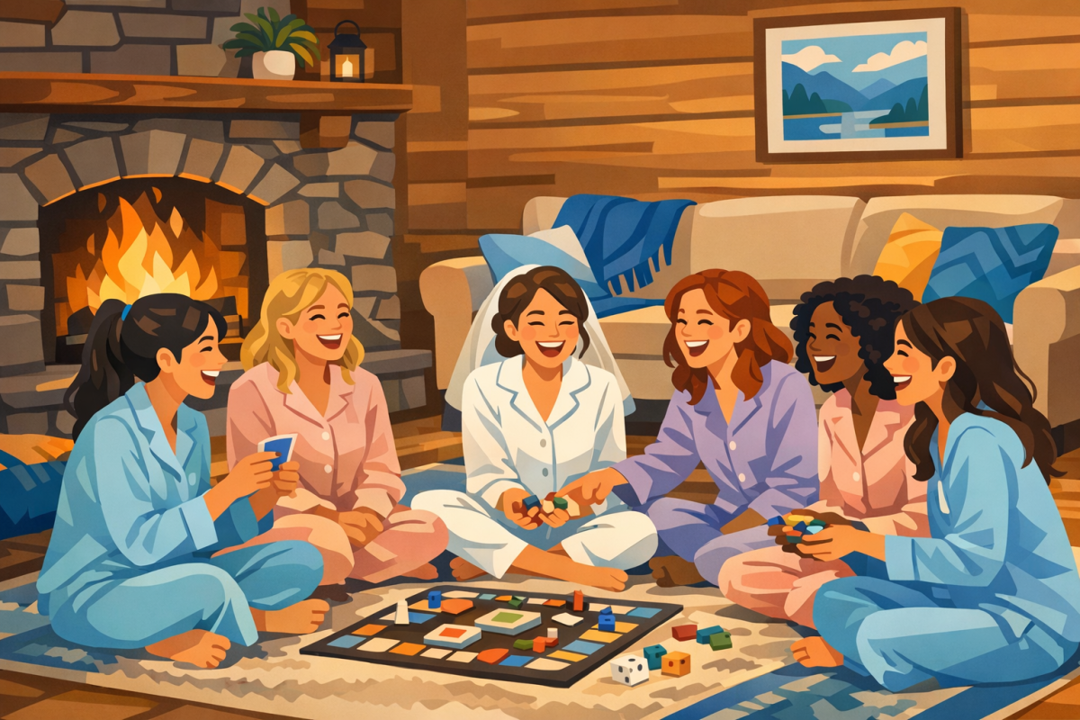 Cozy cabin living room scene with bridal party in matching pajamas playing games and laughing