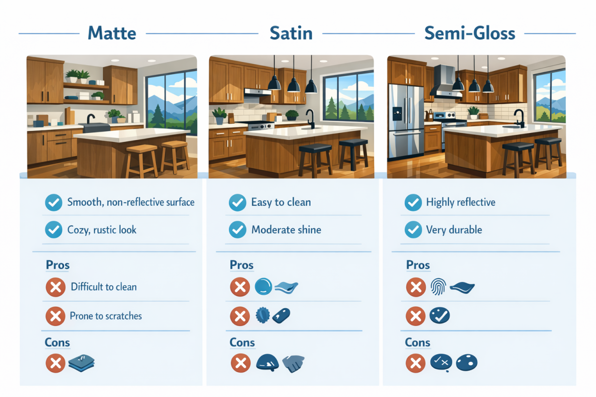 Infographic: Comparison chart showing different cabinet sheens (matte, satin, semi-gloss) with pros/cons, best use cases, and examples of how they look in Colorado kitchens