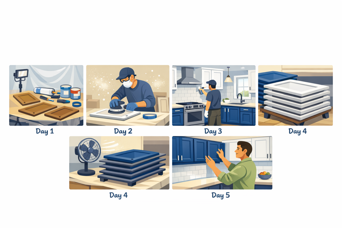Infographic: Step-by-step timeline of a 5-day cabinet repainting project, from prep and removal on day 1 to reinstallation and walkthrough on day 5