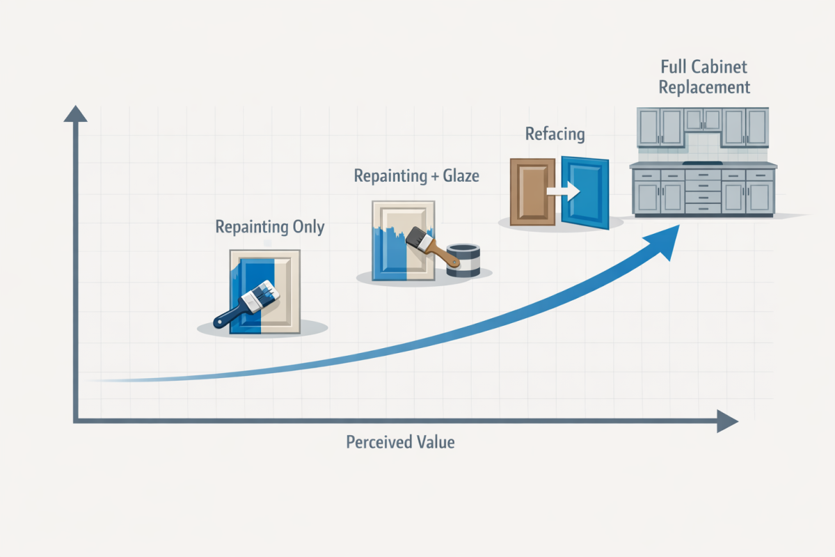Infographic: Comparison chart showing cost vs perceived value for repainting only, repainting + glaze, refacing, and full cabinet replacement in the Denver market