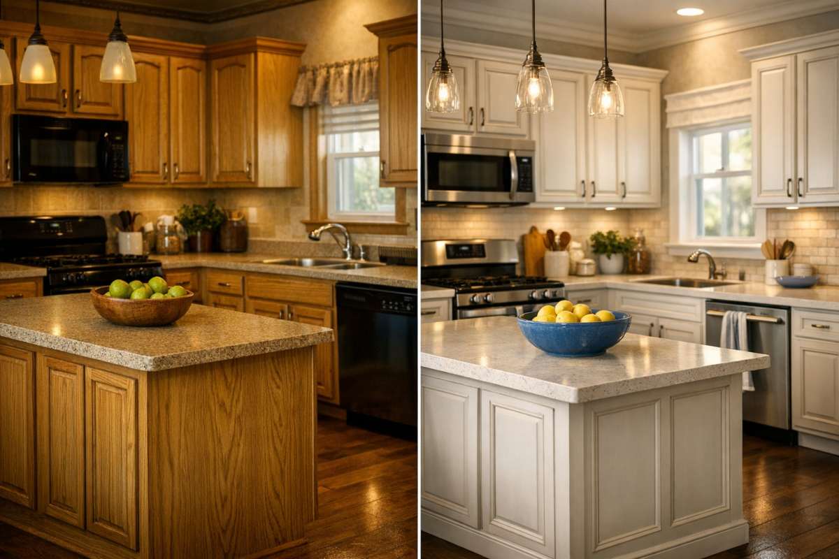 Before-and-after kitchen shot showing dated oak cabinets transformed into soft white with light mocha glazing