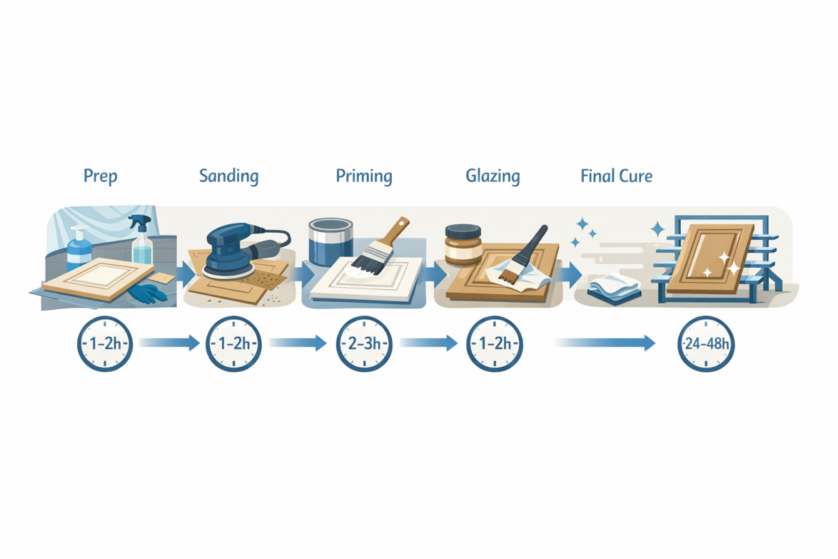 Infographic: Step-by-step process diagram showing the cabinet refinishing and glazing workflow from prep to final cure, with estimated time for each step