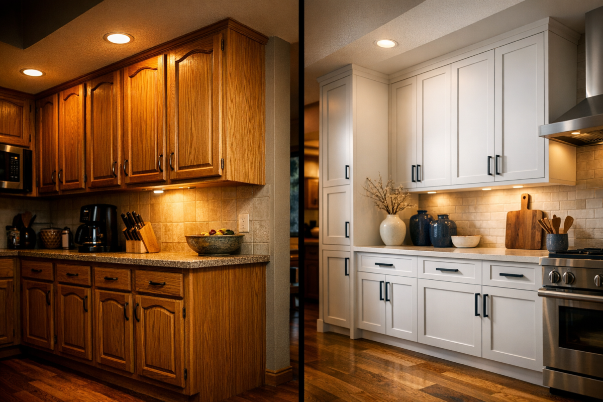 Before and after Boulder kitchen showing dated oak cabinets transformed to modern painted shaker look