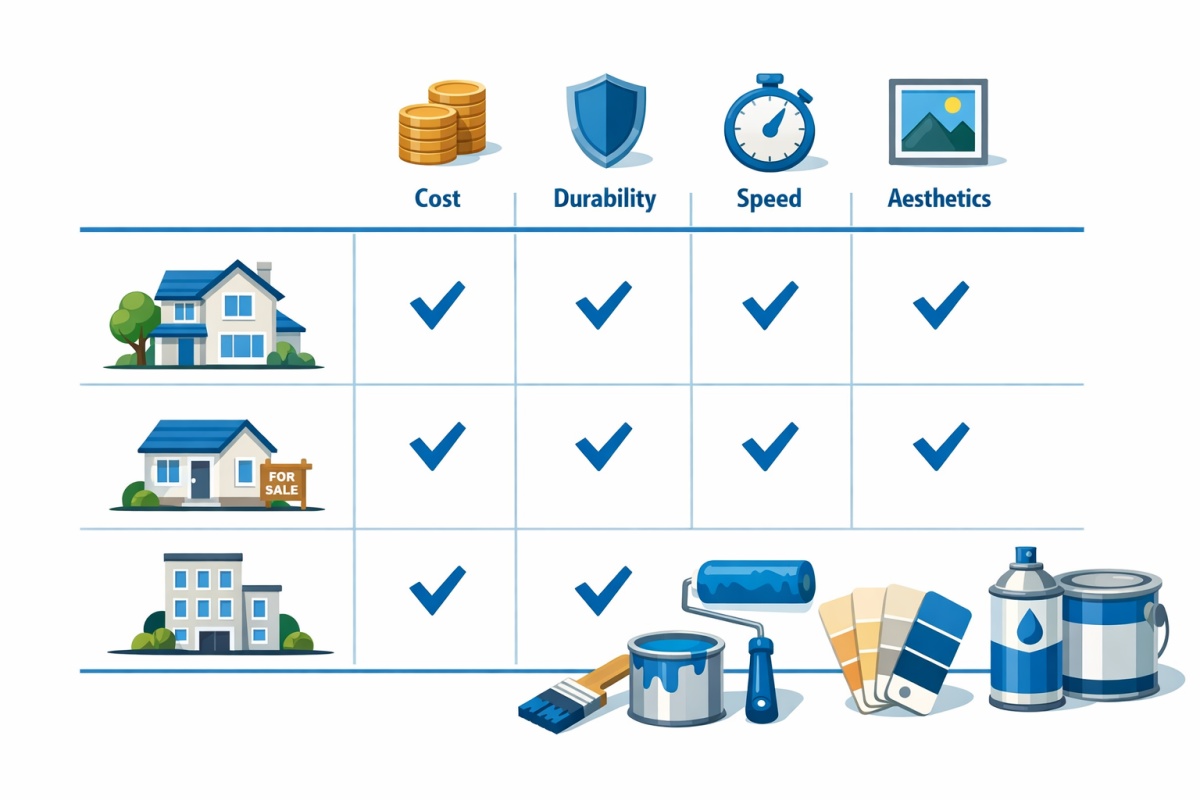 Infographic: Comparison chart showing three property profiles (primary home, flip, rental) vs priorities (cost, durability, speed, aesthetics) and recommended coating types and strategies