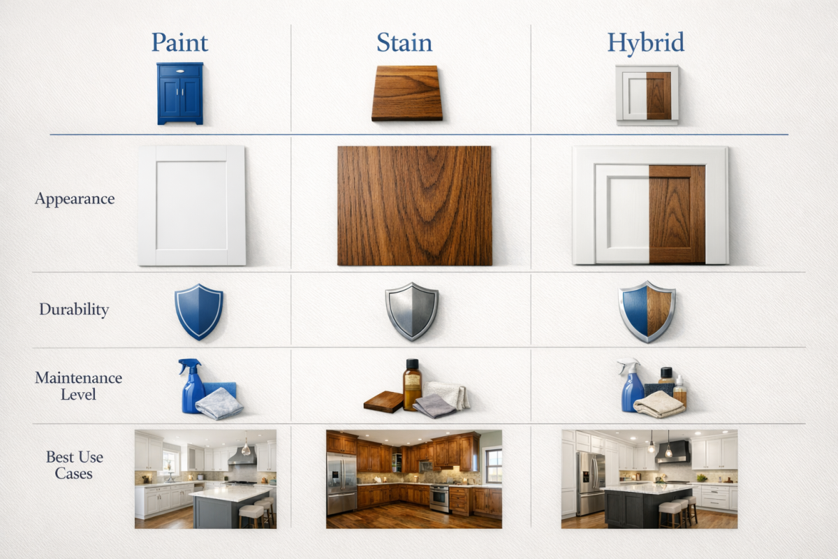 Infographic: Comparison chart showing paint vs stain vs hybrid cabinet refinishing options