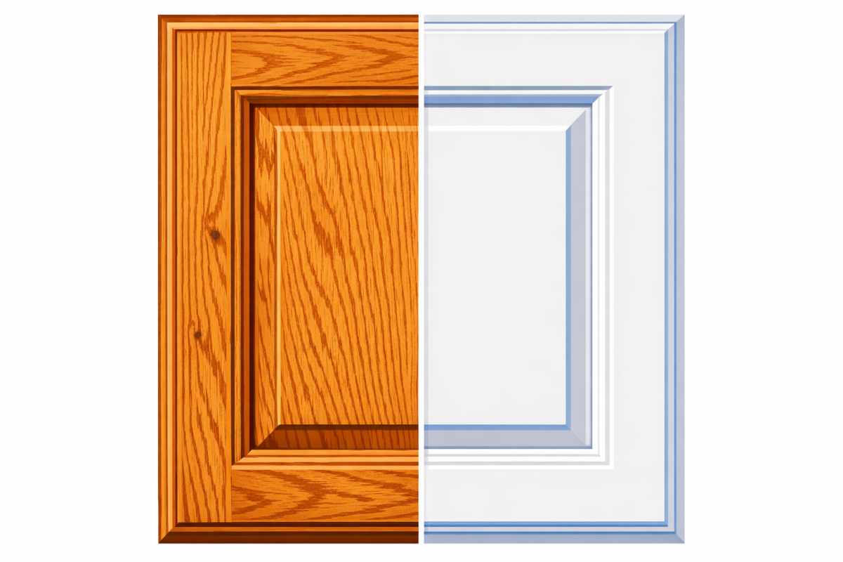 Close-up before-and-after illustration of an oak cabinet door, showing heavy grain and orange finish on the left, smooth white factory-style painted finish on the right