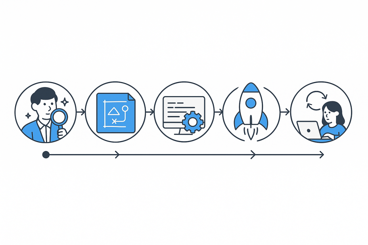 Infographic: Step-by-step process diagram showing QloudSoft’s typical engagement: discovery, design, MVP build, launch, and iteration
