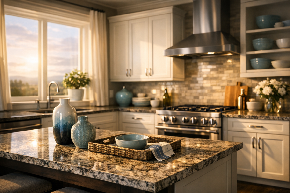 Wide shot of a modernized Northern Colorado kitchen with freshly painted cabinets, new hardware, and existing countertops