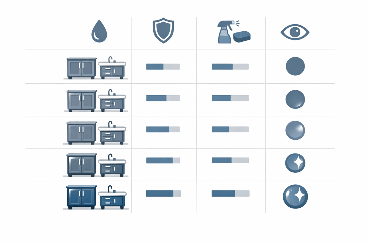 Infographic: Side‑by‑side comparison chart of paint sheen levels vs durability, cleanability, and visual effect, tailored for kitchen and bath cabinets