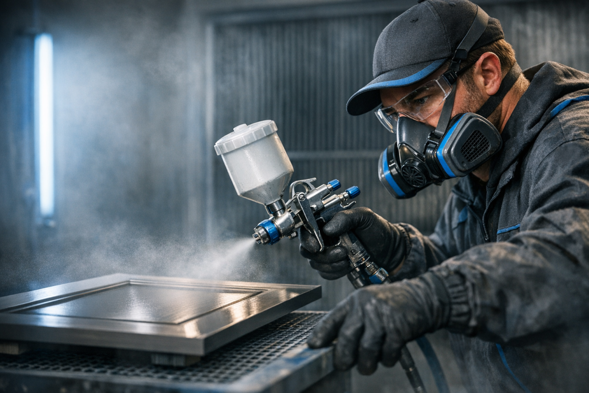 Close-up of a cabinet door being sprayed in a controlled booth, overspray visibly managed