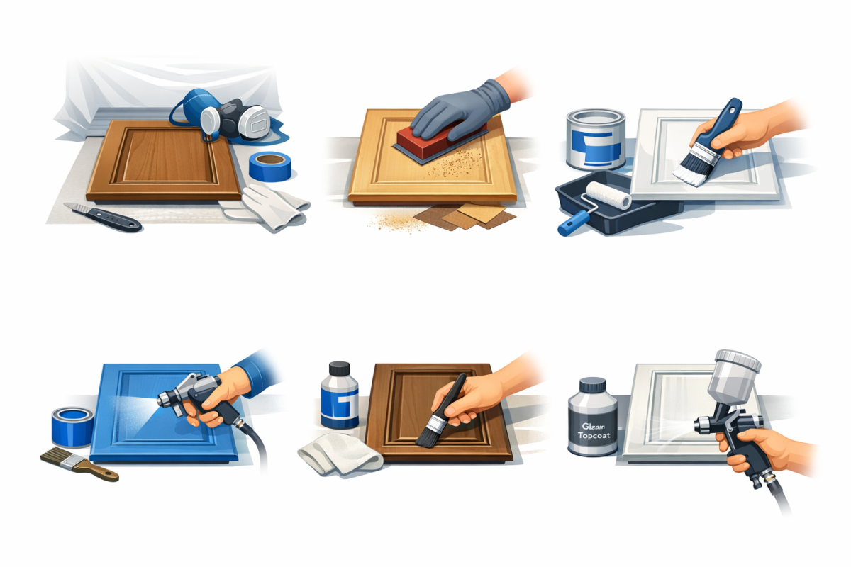 Infographic: Step-by-step process diagram of professional cabinet painting and glazing from prep to final topcoat