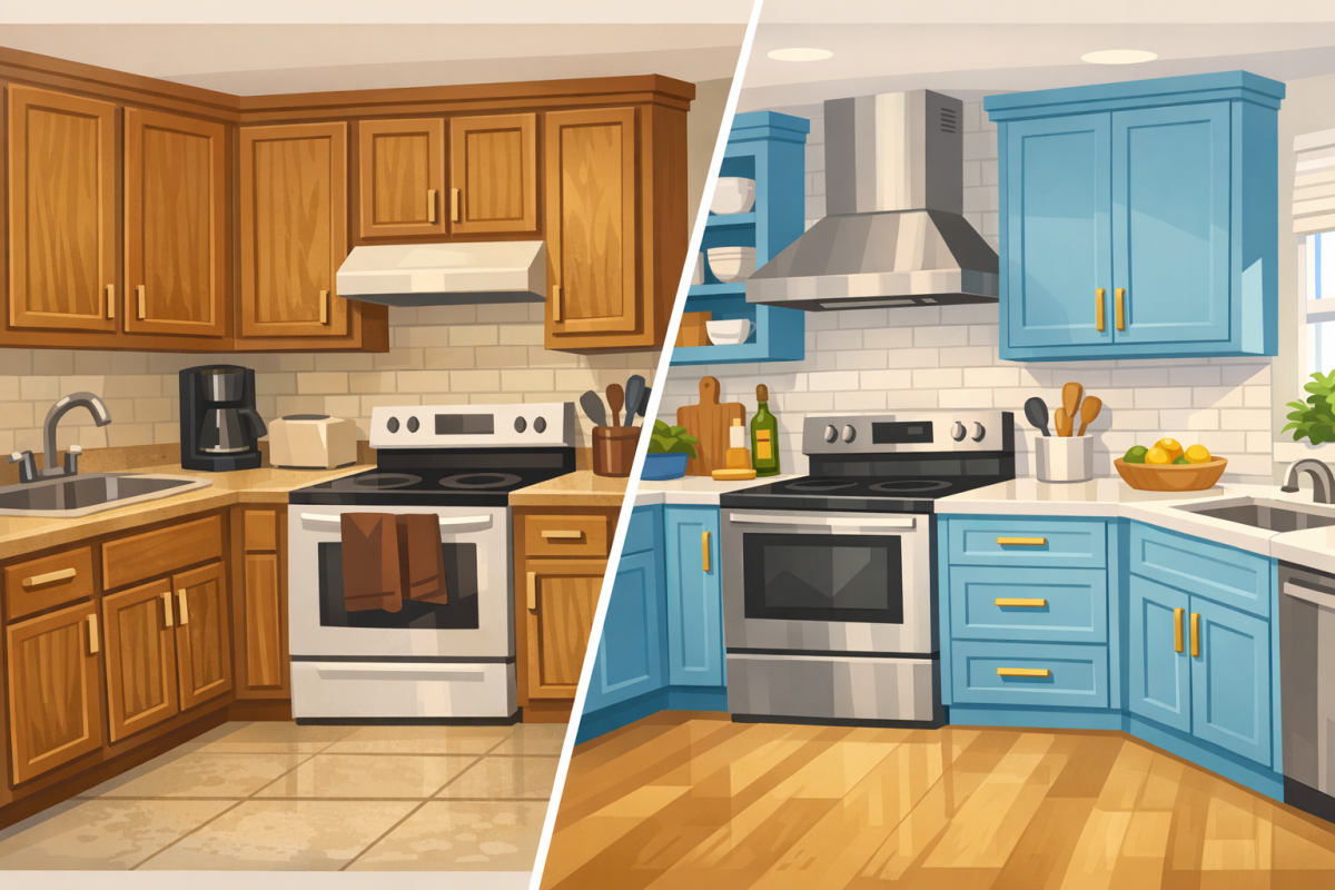 Before and after illustration of a dated oak kitchen updated with painted cabinets and new hardware
