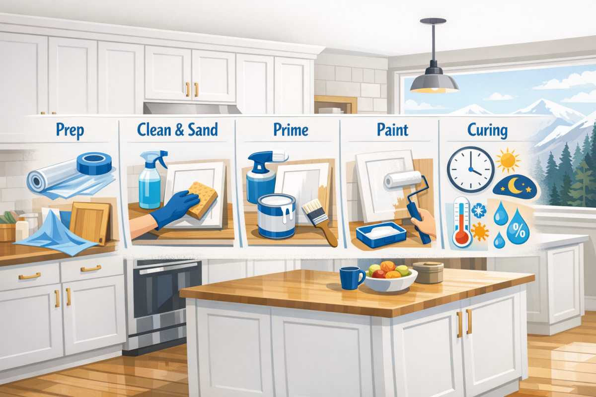 Infographic: Step‑by‑step process diagram from "Prep" to "Curing", with Colorado‑specific notes on humidity, temperature, and wait times