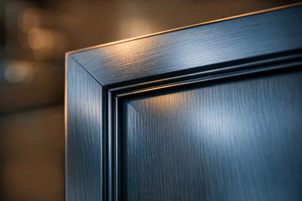 Close-up of a professionally refinished kitchen cabinet door, showing smooth satin finish and sharp lines