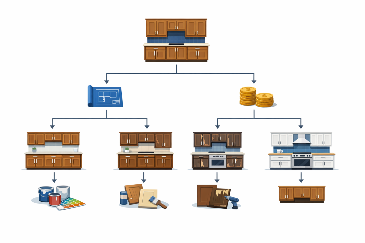 Infographic: Flowchart showing decision path: "Condition of boxes" / "Layout changes needed" / "Budget range" leading to recommended option: paint, reface, or replace