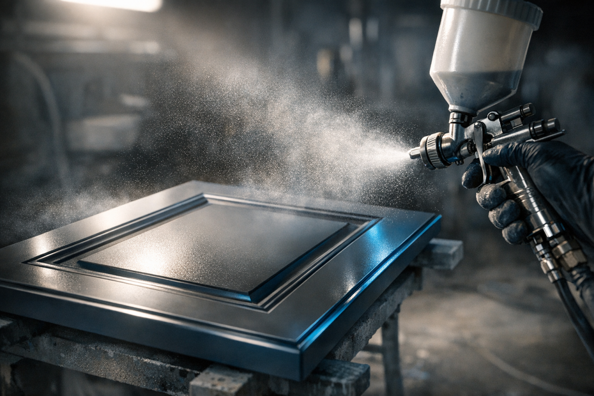 Close-up of a cabinet door being spray painted in a professional booth, fine mist visible